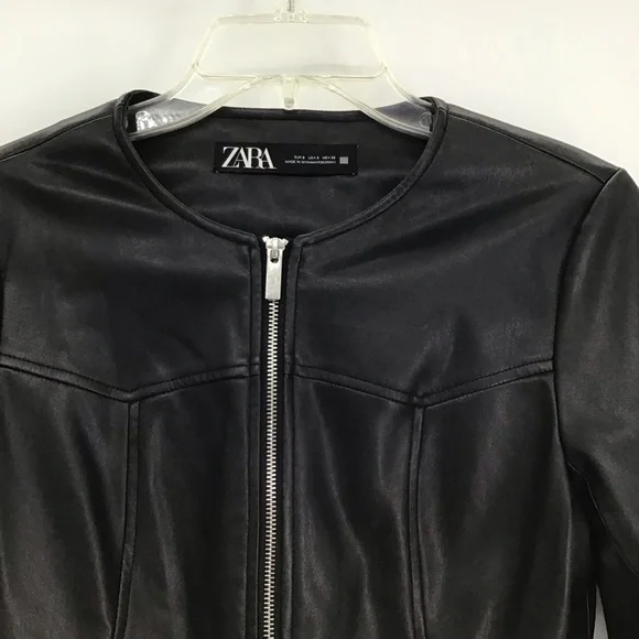 ZARA Faux Leather Moto Biker Collarless Jacket Edgy Career Black Size Small - Picture 5 of 10